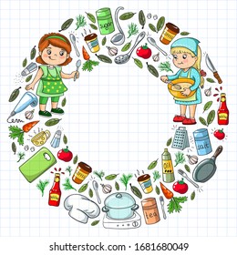 Vector pattern with cooking class for little children. Kids icons. Healthy eating.