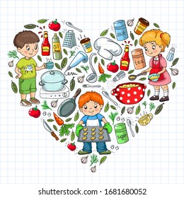 Vector pattern with cooking class for little children. Kids icons. Healthy eating.