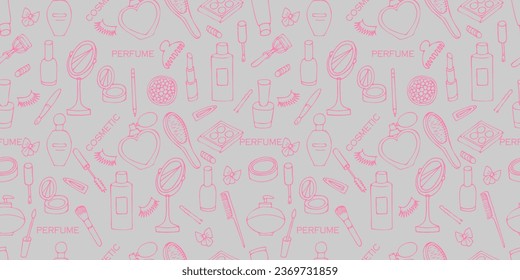 vector pattern with cosmetics and perfumes on a gray background in cartoon style, doodle.