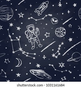 Vector pattern with cosmic objects on a chalkboard background. Hand drawn vector doodles. 