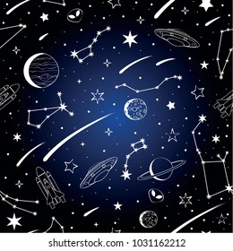 Vector pattern with cosmic objects on a dark background. Hand drawn vector doodles. 