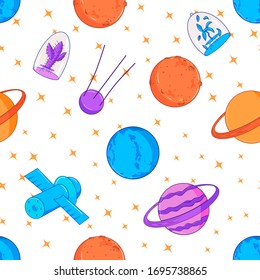 Vector pattern of the cosmic sky, planets, rockets, stars on a white isolated background, seamless background, pattern, style flat, color, bright, children