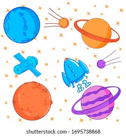 Vector pattern of the cosmic sky, planets, rockets, stars on a white isolated background, seamless background, pattern, style flat, color, bright, children