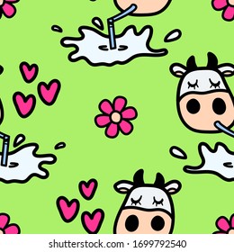 Vector pattern with cow drinking tasty milk. Seamless design in line doodle style for textile prints, funny wrapping paper, milk packages etc.