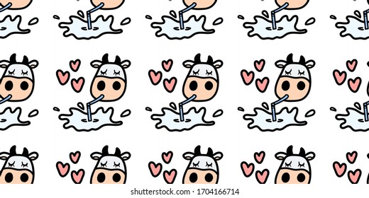 Vector pattern with cow drinking tasty milk. Seamless design in line doodle style for textile prints, funny wrapping paper, milk packages etc.