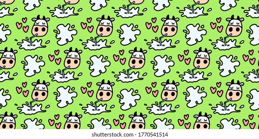 Vector pattern with cow drinking tasty milk. Seamless design in line doodle style for textile prints, funny wrapping paper, milk packages etc.