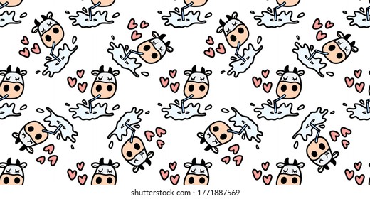 Vector pattern with cow drinking tasty milk. Seamless design in line doodle style for textile prints, funny wrapping paper, milk packages etc.