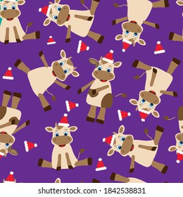 Vector pattern with cows and bulls in the New Year's theme. For printing on wrapping paper, clothing, bedding and notebooks.
