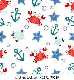 
vector pattern with crabs, anchors, marine children