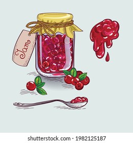 Vector pattern Cranberry jam jar, scattered berries and jam spoon