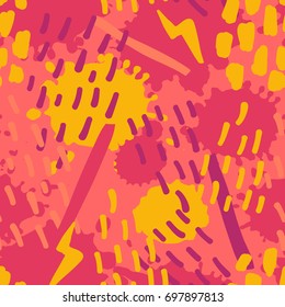 Vector pattern. Creative seamless background, memphis style. Retro 80s - 90s hand drawn textures. Hand drawn elements, red, pink and yellow colors
