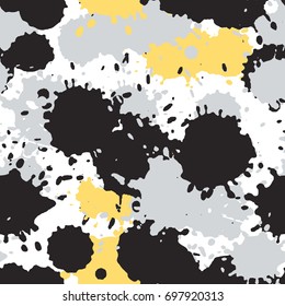 Vector pattern. Creative seamless background. Hand drawn color splash elements. Black and white, grey, monochrome and yellow colors