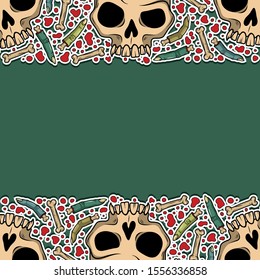 Vector pattern with creepy fingers, skulls, bones, spiders for scary design, print, poster, cover, sticker, packing. Spooky illustration for horror festival, party invitation, Halloween decoration.