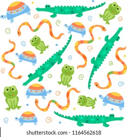 vector pattern with crocodile, frog, turtle and snake in cartoon style without background