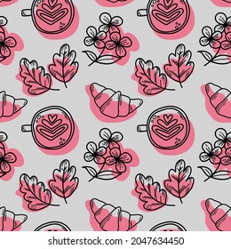 Vector pattern with croissants and cappuccino, chrysanthemum flowers in doodle style. Coffee pattern for cafes, menus, packaging, postcards.