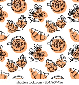 Vector pattern with croissants and cappuccino, chrysanthemum flowers in doodle style. Coffee pattern for cafes, menus, packaging, postcards.