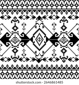 padrão vetorial, ponto de cruz, formas geométricas étnicas, preto e branco, padrão folclórico ucraniano ou bielorrusso, design para sari, patola, sari, dupattas, malhas, bordados, padrão étnico pixel.