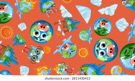 Vector pattern of crying planet Earth icons with melting icebergs and industrial factory smoke.