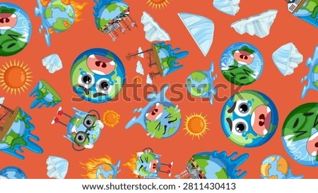 Vector pattern of crying planet Earth icons with melting icebergs and industrial factory smoke.