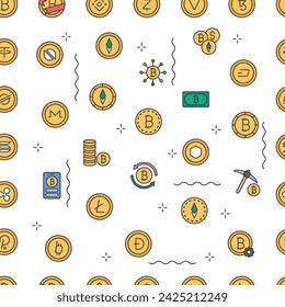 Vector Pattern with Cryptocurrency, Seamless Background.