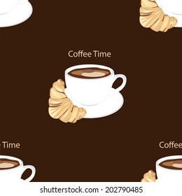 vector pattern with cup of coffee and croissant