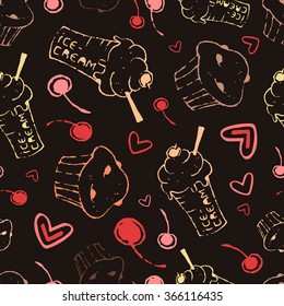 Vector pattern with cupcakes, ice-creams, cherries and hearts on dark brown background. Seamless pattern can be used for wallpaper, pattern fills, web page background,surface textures.