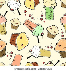 Vector pattern with cupcakes, ice-creams and cherries on light background. Seamless pattern can be used for wallpaper, pattern fills, web page background,surface textures.