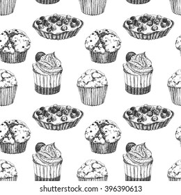 vector pattern cupcakes and muffins, sketch, cafe bakery pattern, isolated object