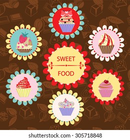 Vector Pattern of cupcakes on chocolates and cacao  background.  Pattern of Sweet Food -illustration
