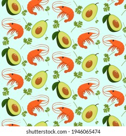 vector pattern with cut avocado halves, parsley leaves and shrimp on a blue background