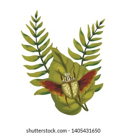 Vector pattern with cute 3d beetle hercules. Insect with wings. Tropic card.