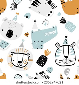 Vector pattern with cute African animals. Koala, crocodile, lion, rhino, tiger, zebra in festive hats, rainbows and fruits. Holiday, Children's birthday, postcard, invitation, baby shower.