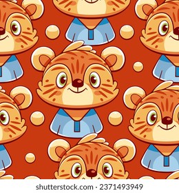 Vector pattern with cute animal tiger in cartoon doodle style.