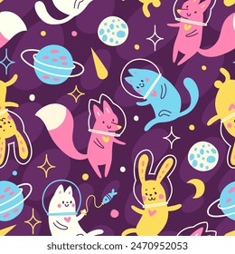 Vector pattern with cute animals. Astronauts in outer space. Seamless print for fabric, wallpaper, textiles