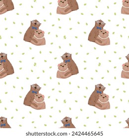 Vector pattern with cute animals and leaves on white background. Cartoon style. Print design for textile, fabric, wallpaper, wrapping, apparel.