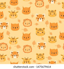 Vector pattern with cute animals.
Lion, fox, squirrel, giraffe, red panda, cute faces.