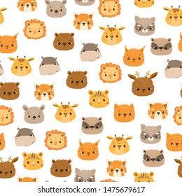 Vector pattern with cute animals.
Lion, raccoon, badger, hippopotamus, red panda, cute faces