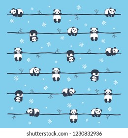 vector pattern cute baby  Panda bear in different poses,print on children's clothes, on blue background