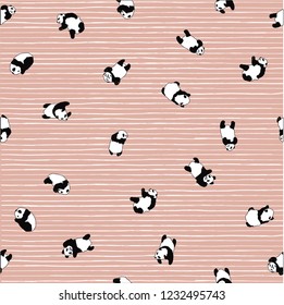 vector  pattern cute baby  Panda, little bear in different poses on a striped background