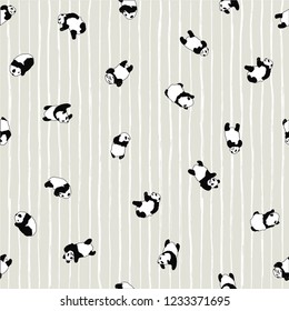 vector  pattern cute baby  Panda, little bear in different poses on a striped background