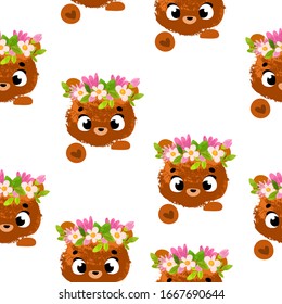 Vector pattern with cute bear and flowers. Vector seamless pattern. Perfect for fabric, wallpaper, textile, wrapping paper or nursery decor