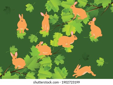 Vector pattern with cute, beautiful rabbits on leaves background. Perfect for textile, wallpaper or print design.