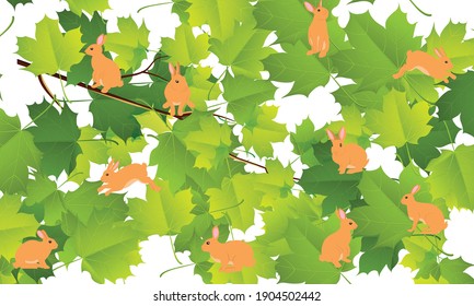 Vector pattern with cute, beautiful rabbits on leaves background. Perfect for textile, wallpaper or print design.