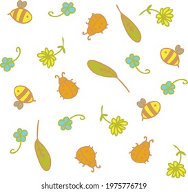 Vector pattern of cute bees, ladybugs and flowers. Cartoon style. Hand drawn vector illustration. Design for T-shirt, textile and prints.
