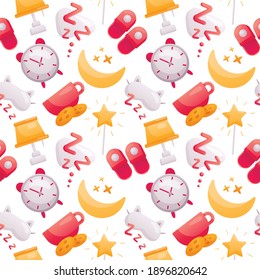 Vector pattern of cute bright icons. Sleep time theme. Cute decorations for baby items, wrapping paper and room. Image of the moon