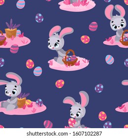 Vector pattern with cute bunny and eggs. Easter rabbits. Vector seamless pattern. Perfect for fabric, wallpaper, textile, wrapping paper