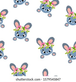 Vector pattern with cute bunny and flowers. Vector seamless pattern. Perfect for fabric, wallpaper, textile, wrapping paper or nursery decor