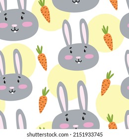 Vector pattern with cute bunny. Hand drawn seamless background design with cute bunny and carrots. Childish vector pattern
