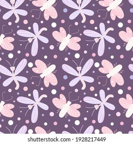 Vector pattern with cute butterflies and moths. Seamless butterflies pattern in Svandinavian style. Perfect for fabric, wallpaper, wrapping paper, invitation, crafts. Baby pattern on purple background