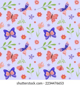 Vector pattern with cute butterflies and moths. Seamless butterflies pattern. Perfect for fabric, wallpaper, wrapping paper, invitation, crafts. Baby pattern on blue background. Vector illustration